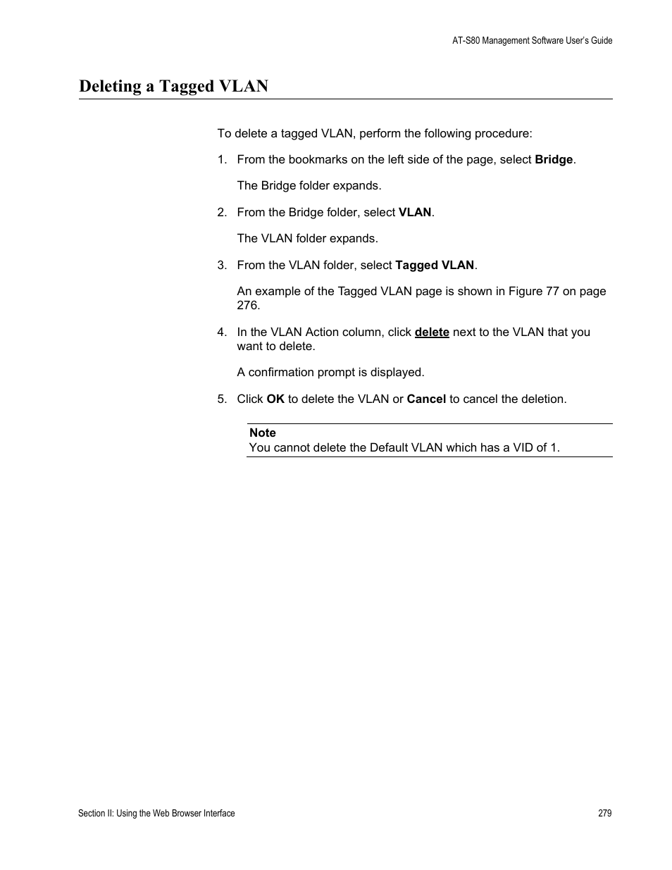 Deleting a tagged vlan | Allied Telesis AT-S80 User Manual | Page 279 / 346