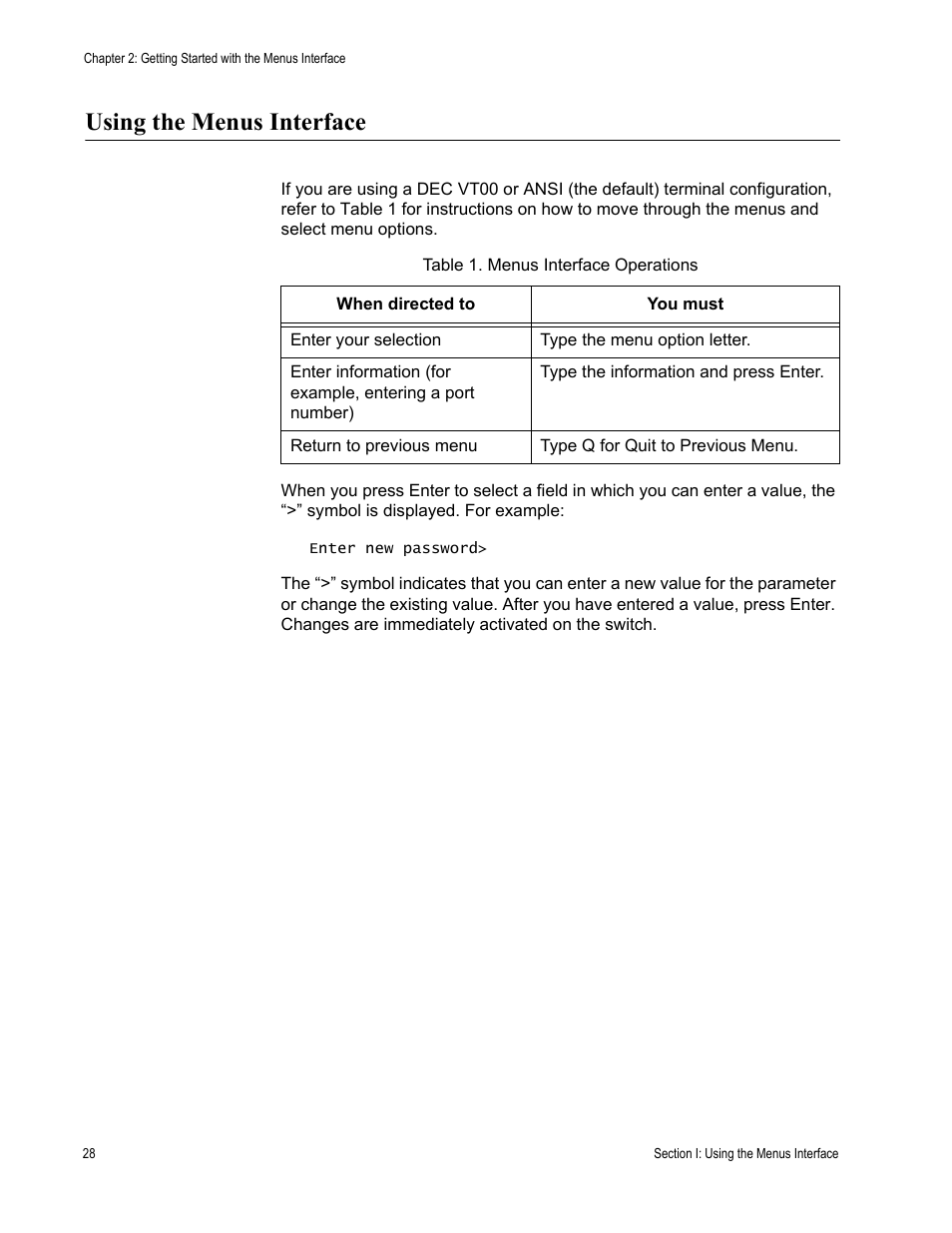 Using the menus interface, Table 1. menus interface operations | Allied Telesis AT-S80 User Manual | Page 28 / 346