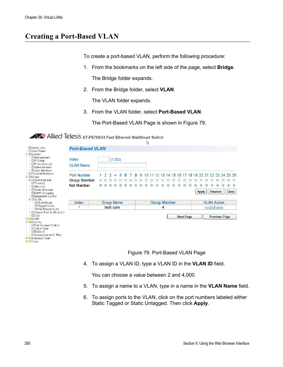 Creating a port-based vlan | Allied Telesis AT-S80 User Manual | Page 280 / 346