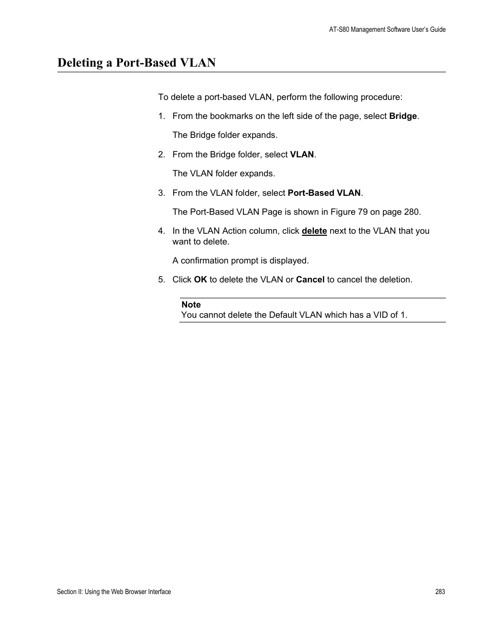 Deleting a port-based vlan | Allied Telesis AT-S80 User Manual | Page 283 / 346