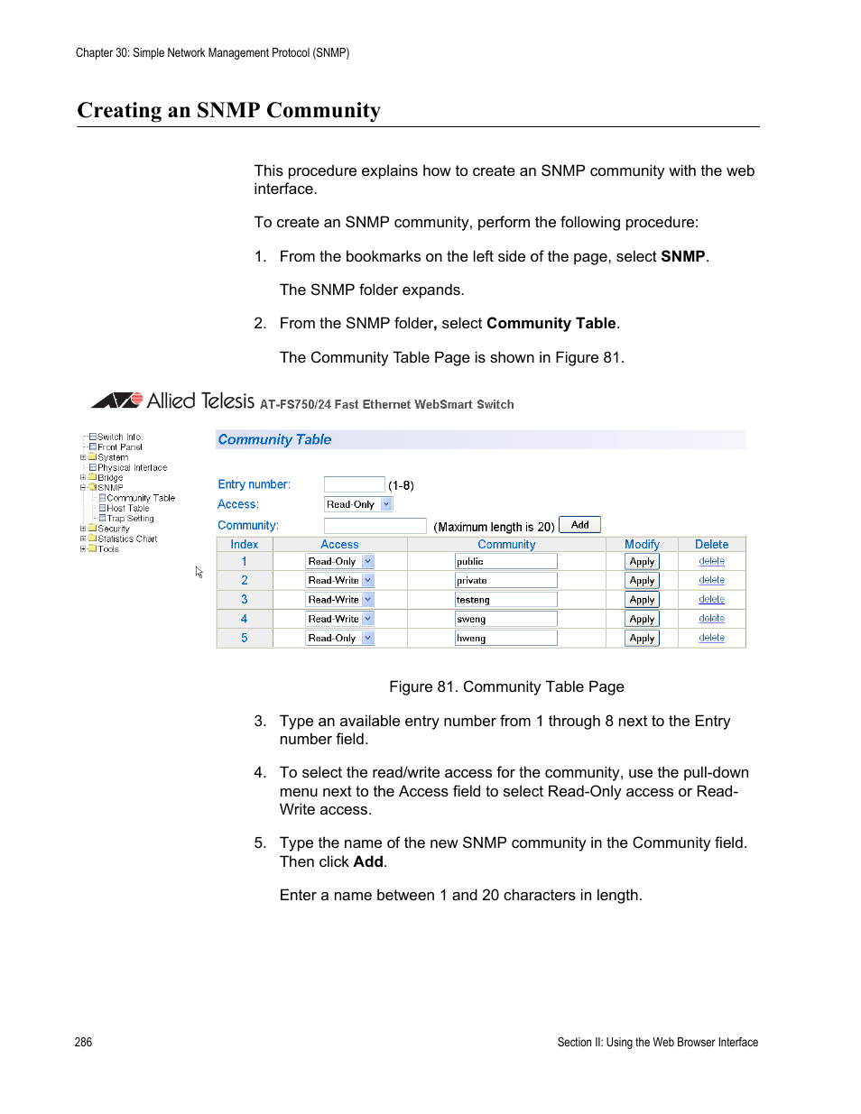 Creating an snmp community | Allied Telesis AT-S80 User Manual | Page 286 / 346