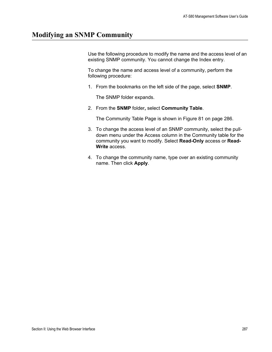 Modifying an snmp community | Allied Telesis AT-S80 User Manual | Page 287 / 346