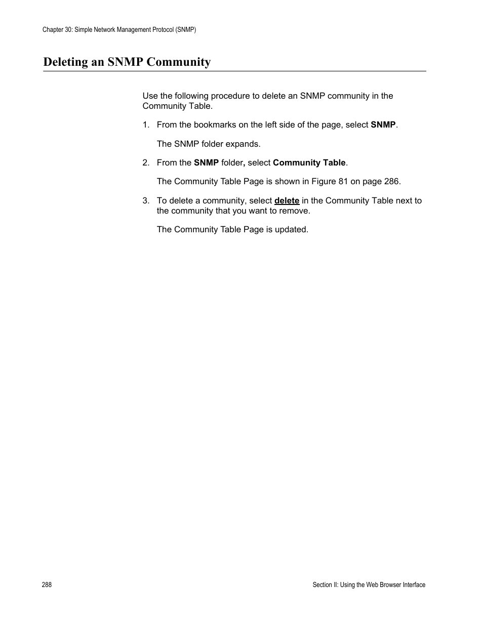 Deleting an snmp community | Allied Telesis AT-S80 User Manual | Page 288 / 346