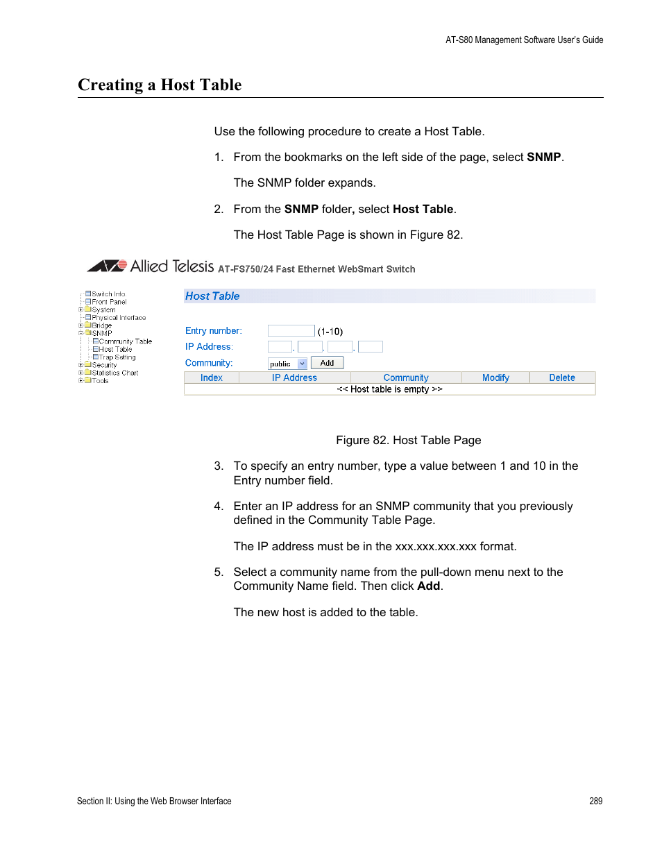 Creating a host table | Allied Telesis AT-S80 User Manual | Page 289 / 346