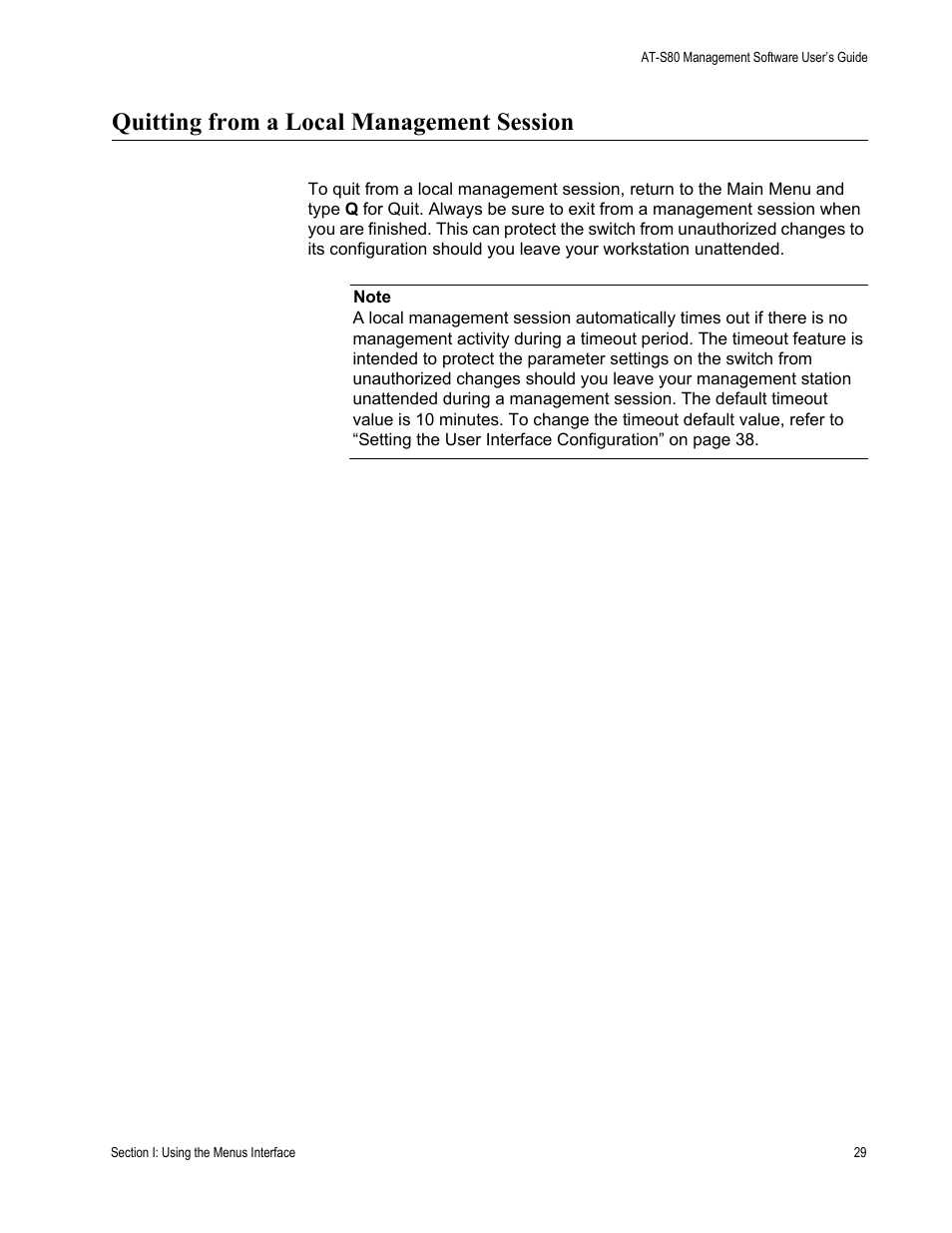 Quitting from a local management session | Allied Telesis AT-S80 User Manual | Page 29 / 346