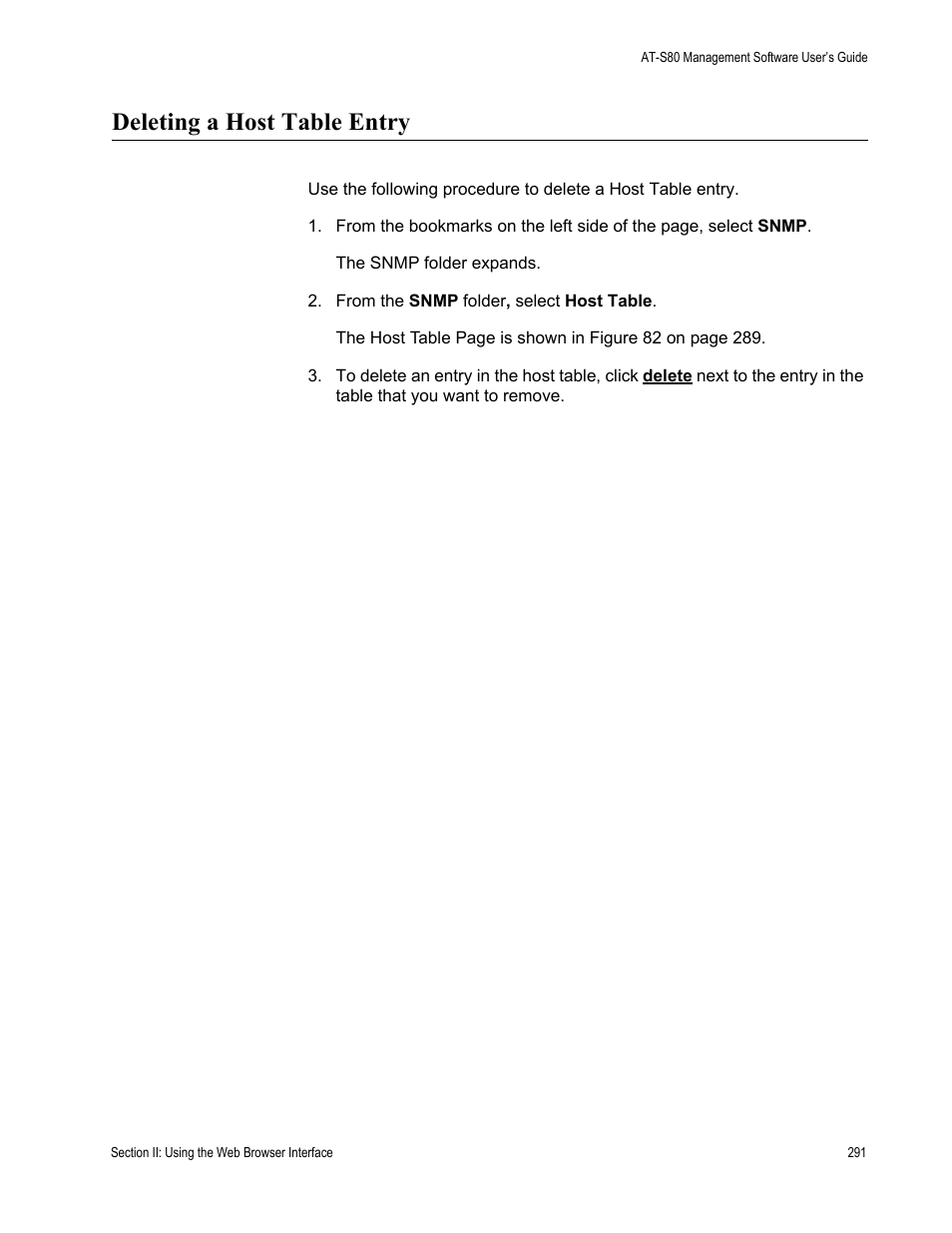 Deleting a host table entry | Allied Telesis AT-S80 User Manual | Page 291 / 346