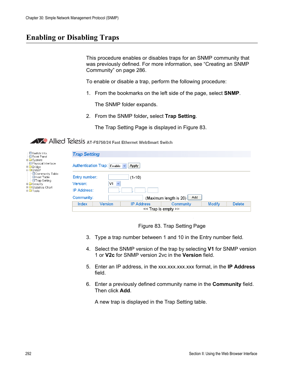 Enabling or disabling traps | Allied Telesis AT-S80 User Manual | Page 292 / 346
