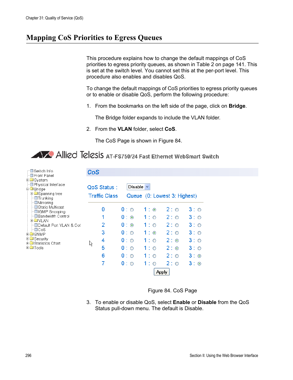 Mapping cos priorities to egress queues | Allied Telesis AT-S80 User Manual | Page 296 / 346