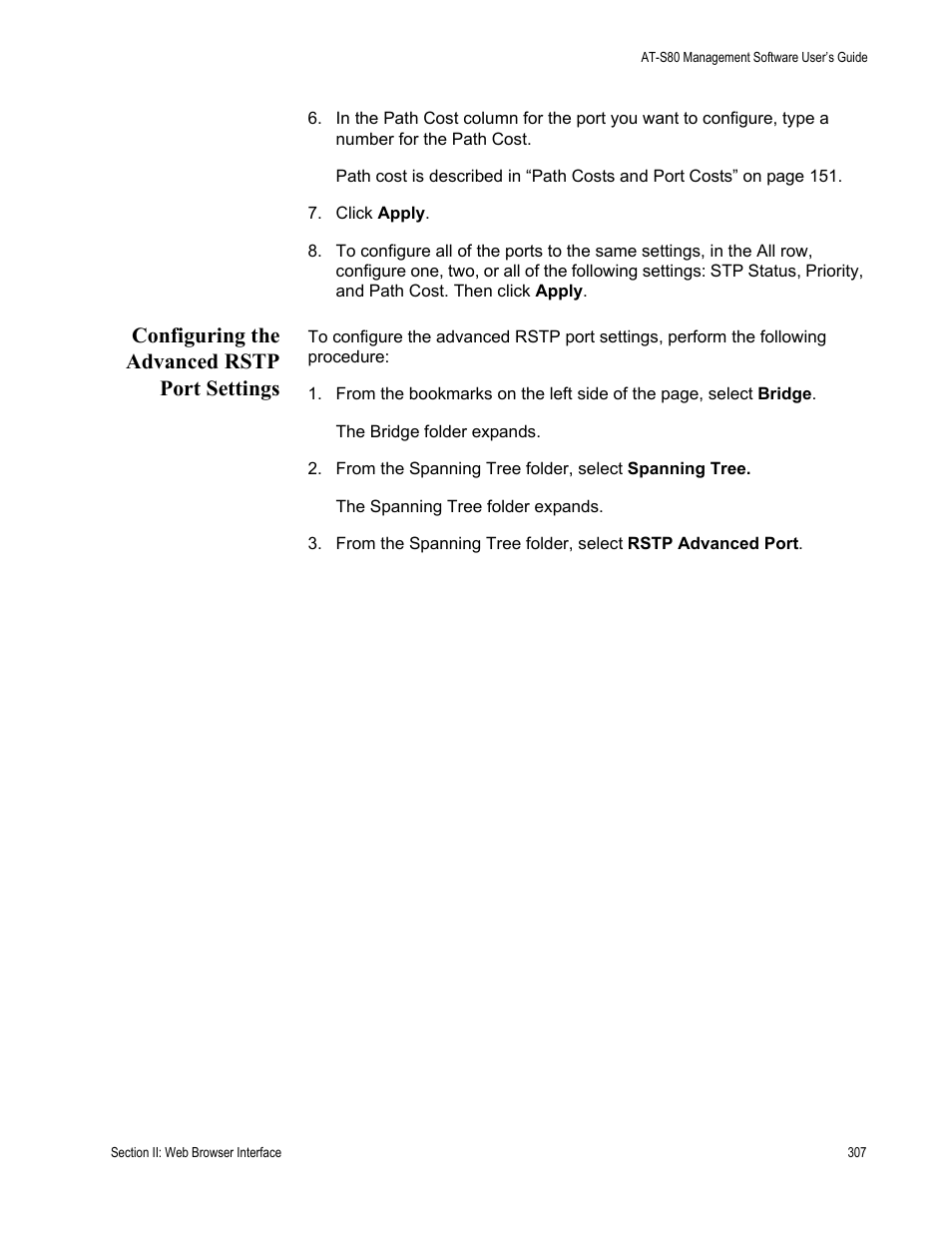 Configuring the advanced rstp port settings | Allied Telesis AT-S80 User Manual | Page 307 / 346