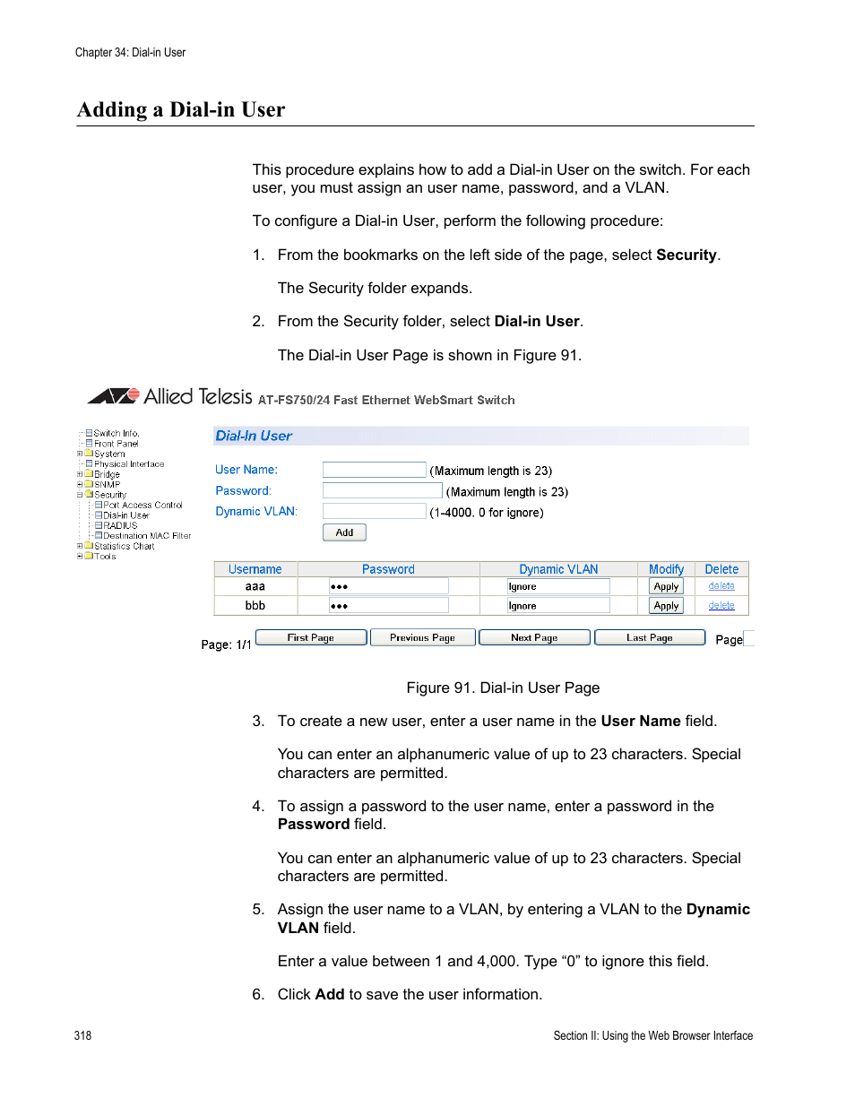 Adding a dial-in user | Allied Telesis AT-S80 User Manual | Page 318 / 346