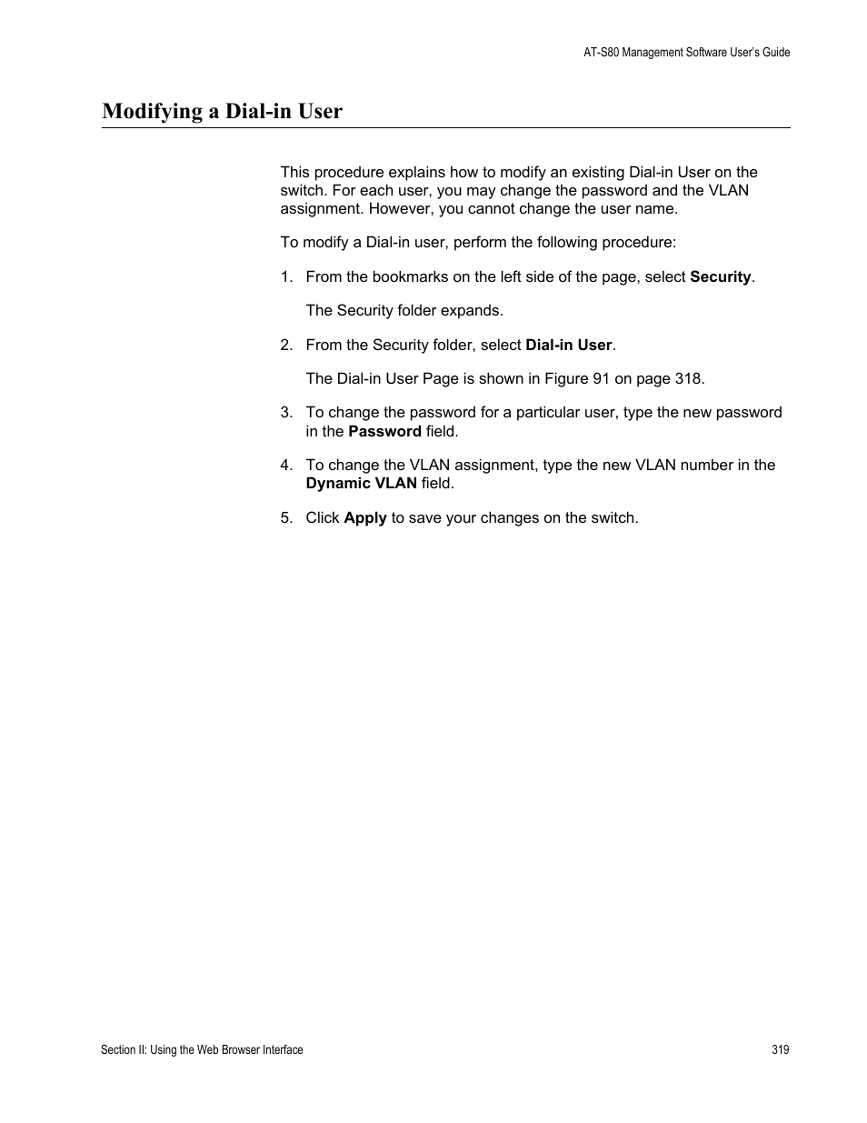 Modifying a dial-in user | Allied Telesis AT-S80 User Manual | Page 319 / 346