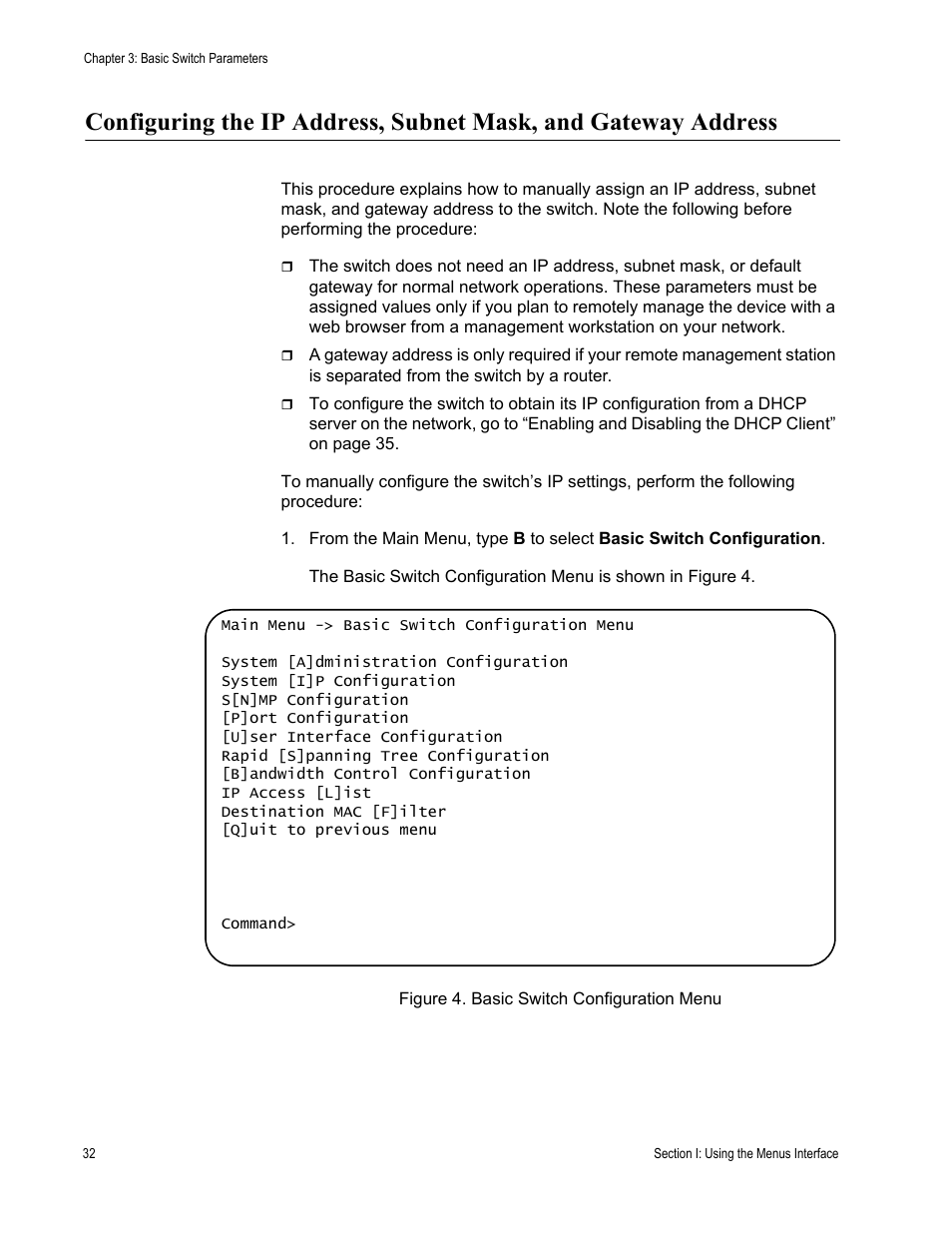 Figure 4. basic switch configuration menu | Allied Telesis AT-S80 User Manual | Page 32 / 346