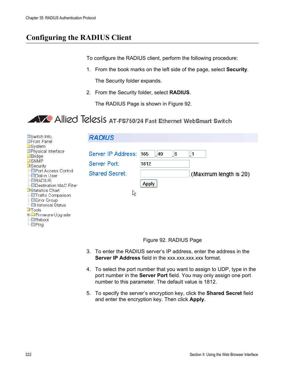 Configuring the radius client | Allied Telesis AT-S80 User Manual | Page 322 / 346