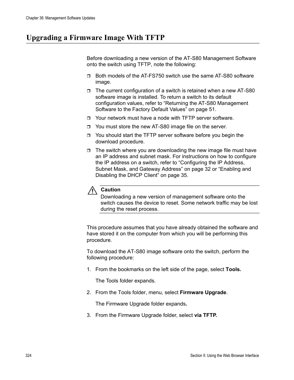 Upgrading a firmware image with tftp | Allied Telesis AT-S80 User Manual | Page 324 / 346