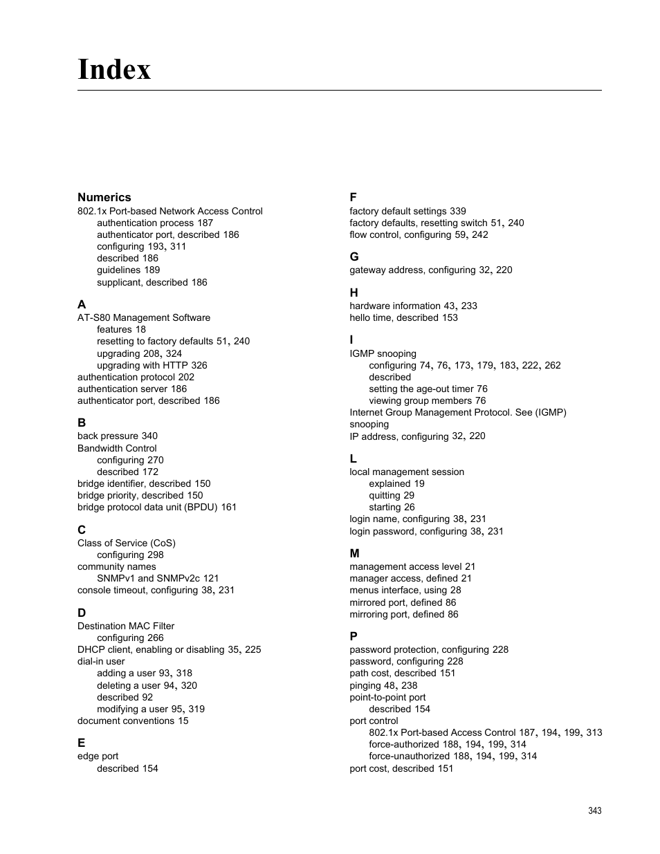 Index, Numerics | Allied Telesis AT-S80 User Manual | Page 343 / 346