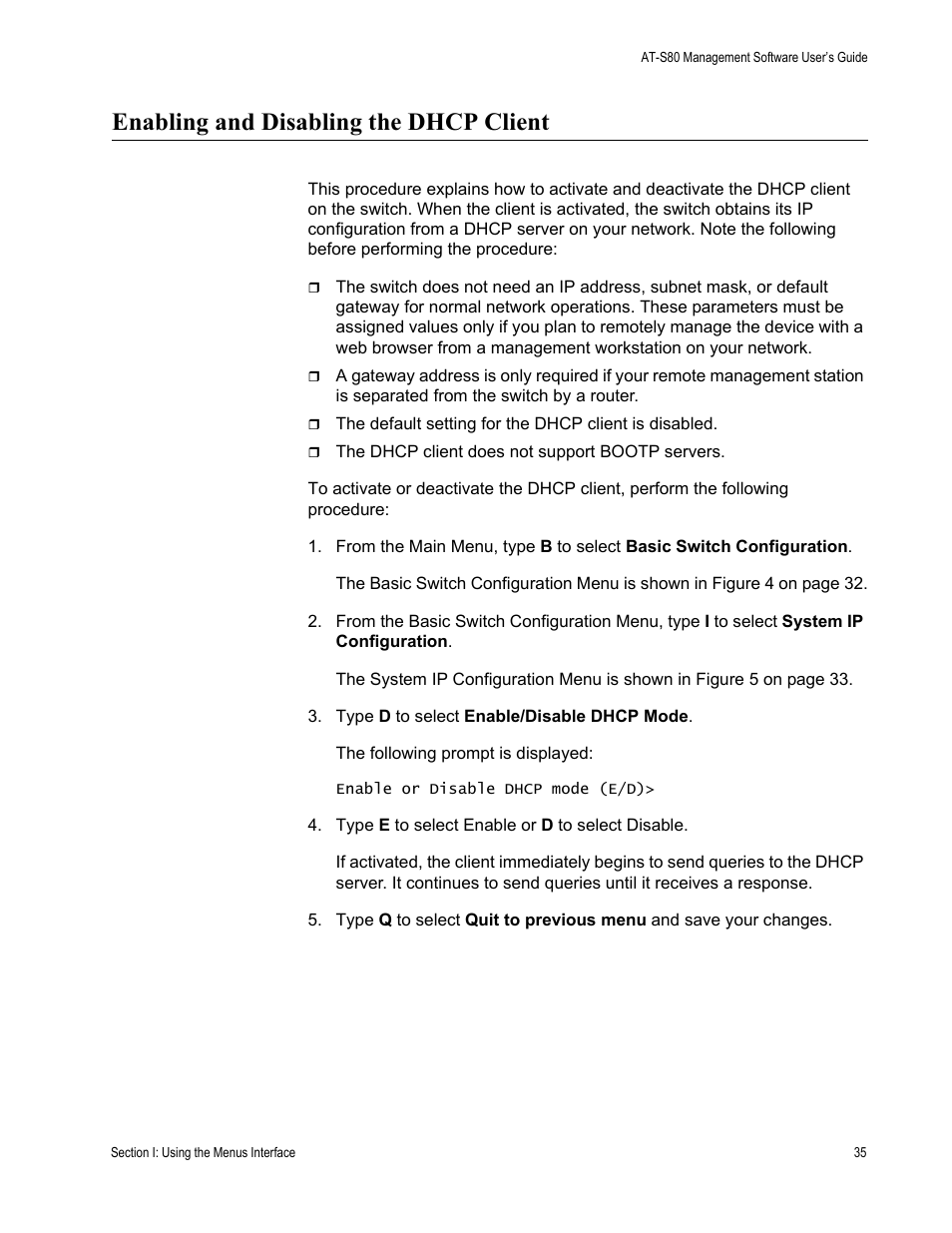Enabling and disabling the dhcp client | Allied Telesis AT-S80 User Manual | Page 35 / 346