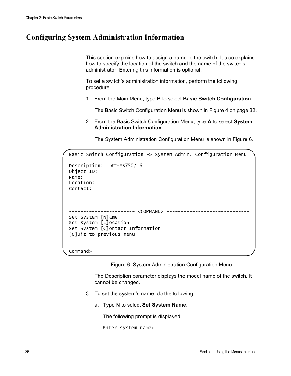 Configuring system administration information, Figure 6. system administration configuration menu | Allied Telesis AT-S80 User Manual | Page 36 / 346