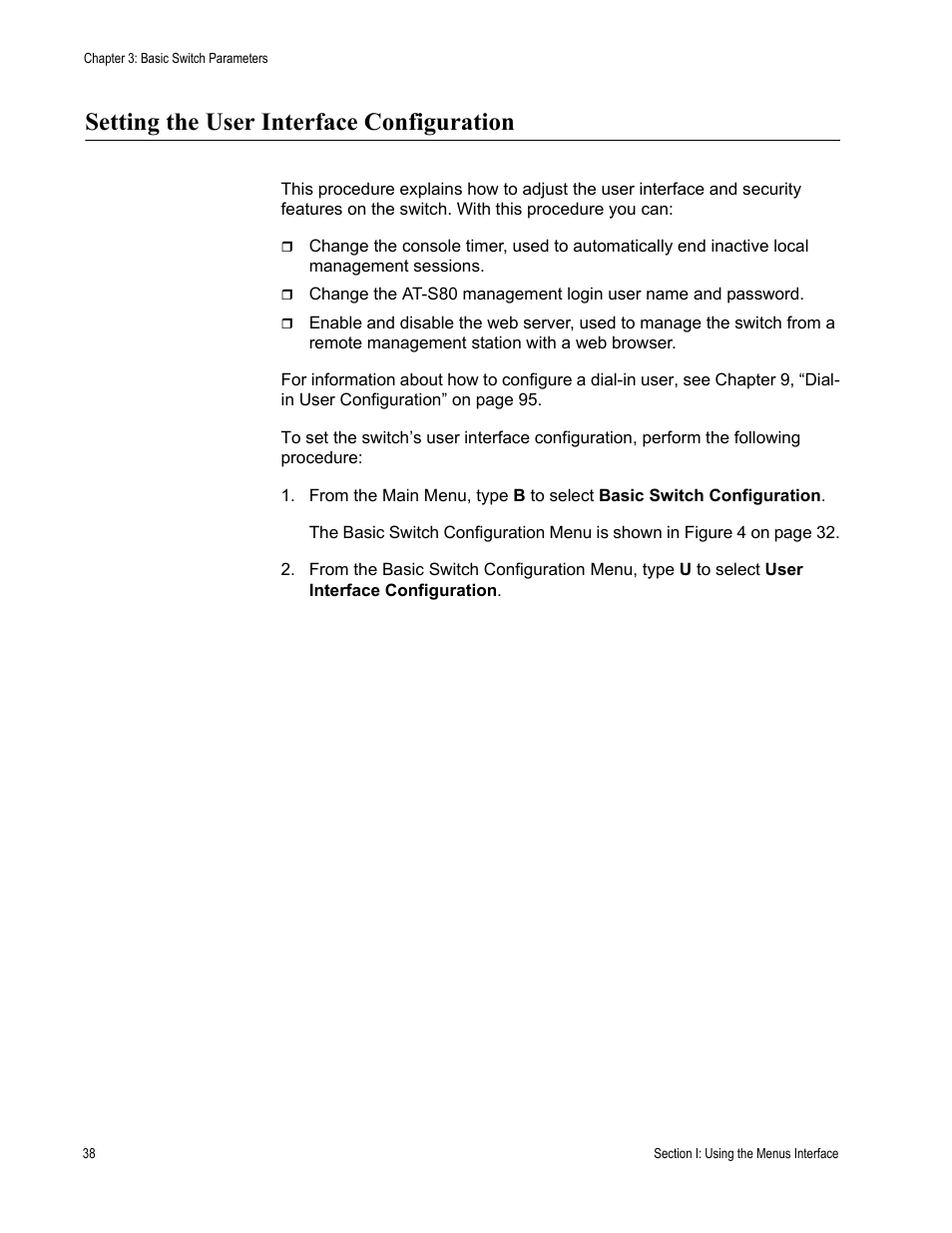 Setting the user interface configuration | Allied Telesis AT-S80 User Manual | Page 38 / 346