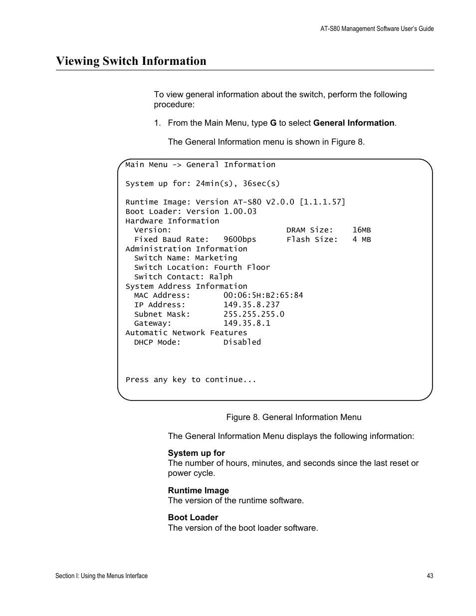 Viewing switch information, Figure 8. general information menu | Allied Telesis AT-S80 User Manual | Page 43 / 346