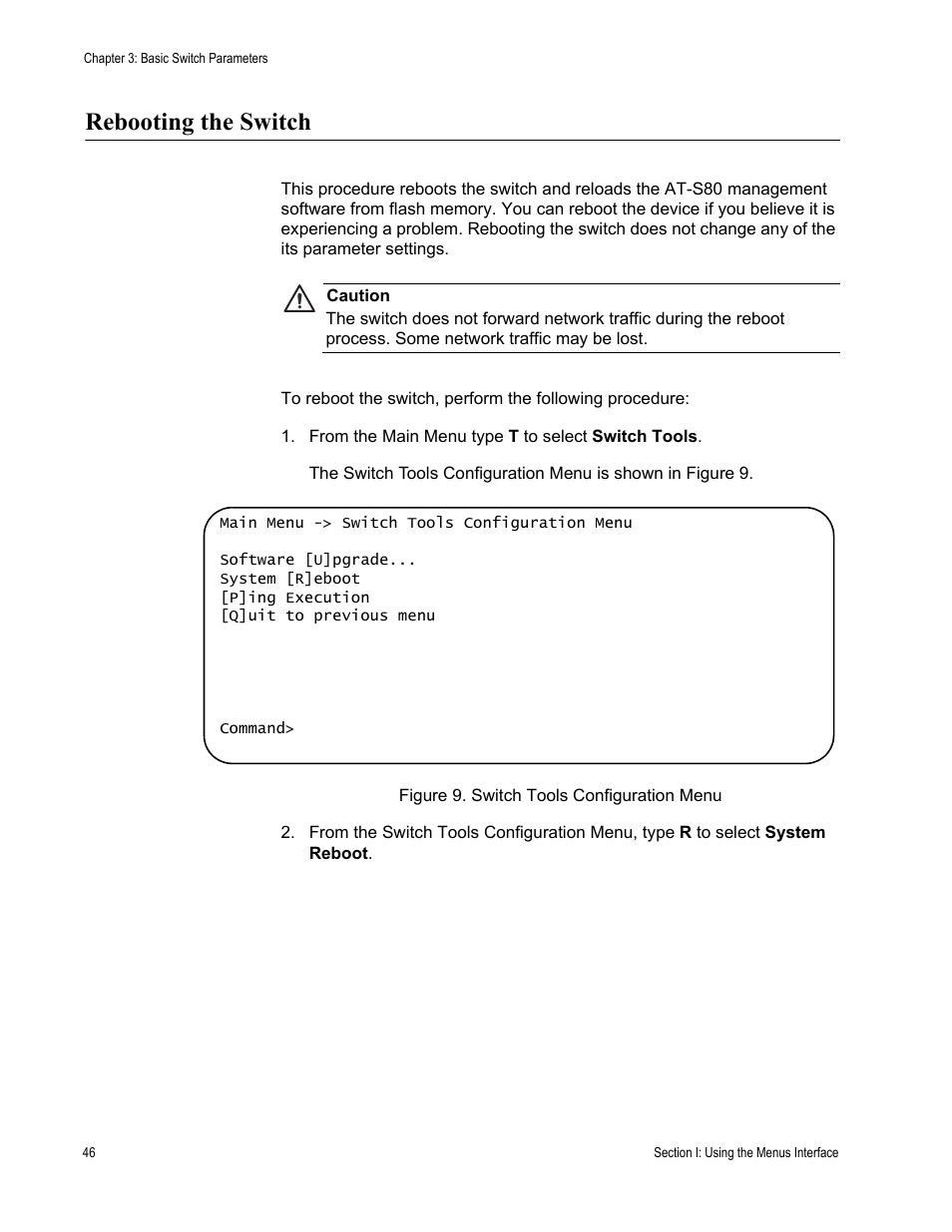 Rebooting the switch, Figure 9. switch tools configuration menu | Allied Telesis AT-S80 User Manual | Page 46 / 346