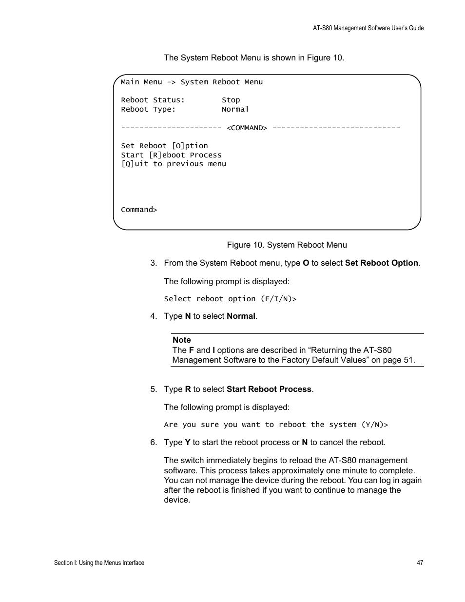 Figure 10. system reboot menu | Allied Telesis AT-S80 User Manual | Page 47 / 346