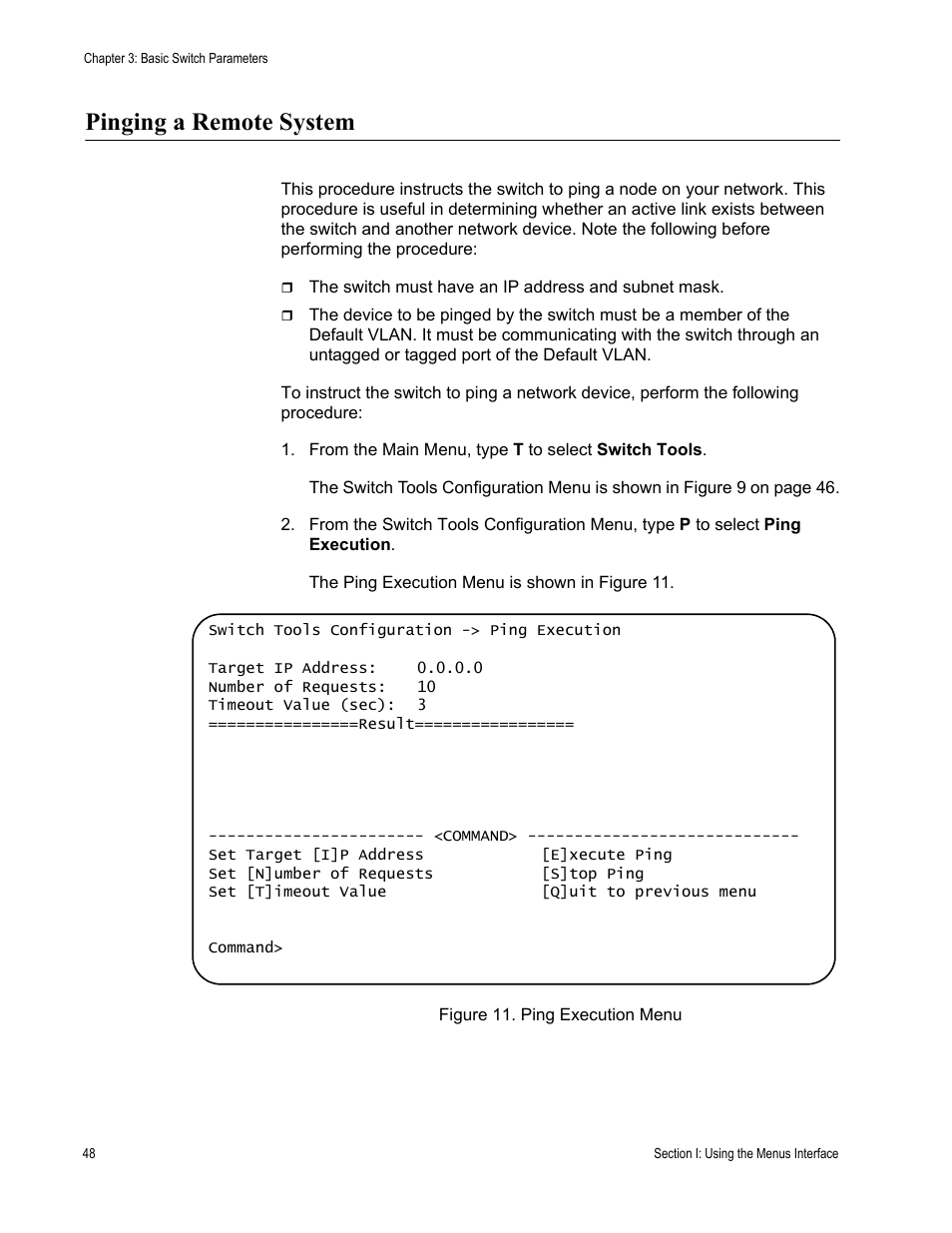 Pinging a remote system, Figure 11. ping execution menu | Allied Telesis AT-S80 User Manual | Page 48 / 346