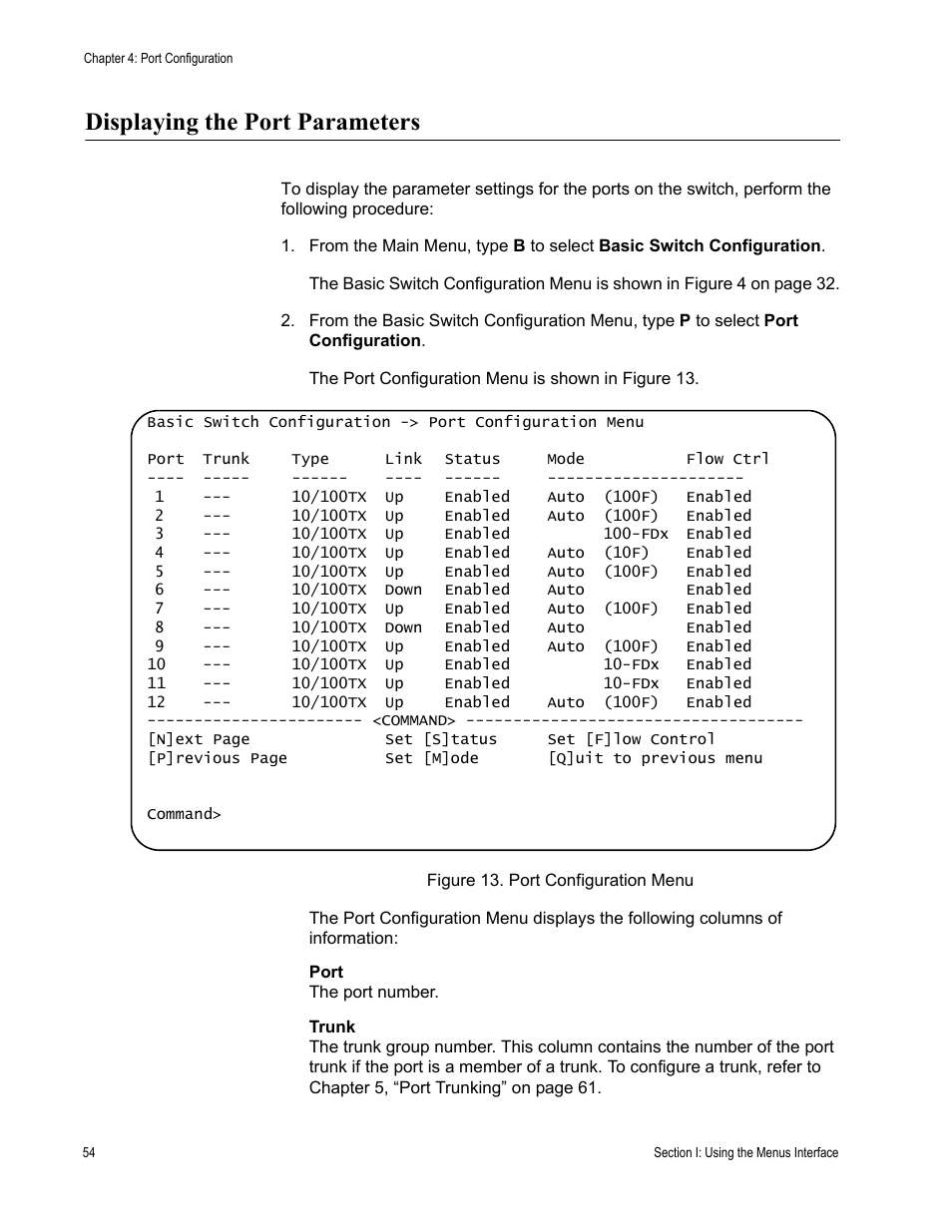 Displaying the port parameters, Figure 13. port configuration menu | Allied Telesis AT-S80 User Manual | Page 54 / 346
