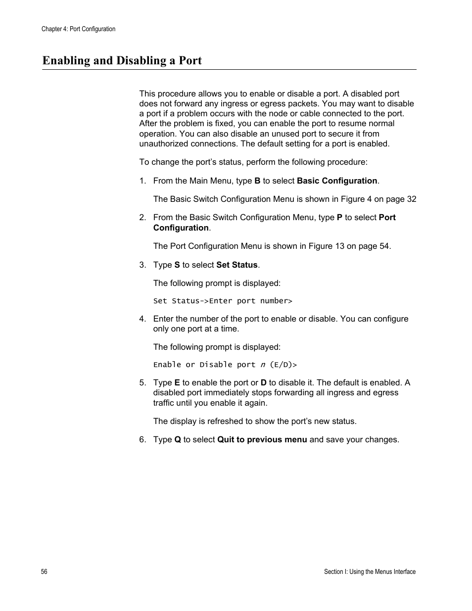 Enabling and disabling a port | Allied Telesis AT-S80 User Manual | Page 56 / 346