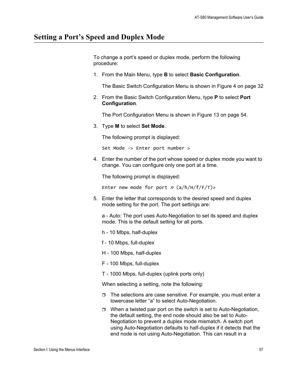 Setting a port’s speed and duplex mode | Allied Telesis AT-S80 User Manual | Page 57 / 346