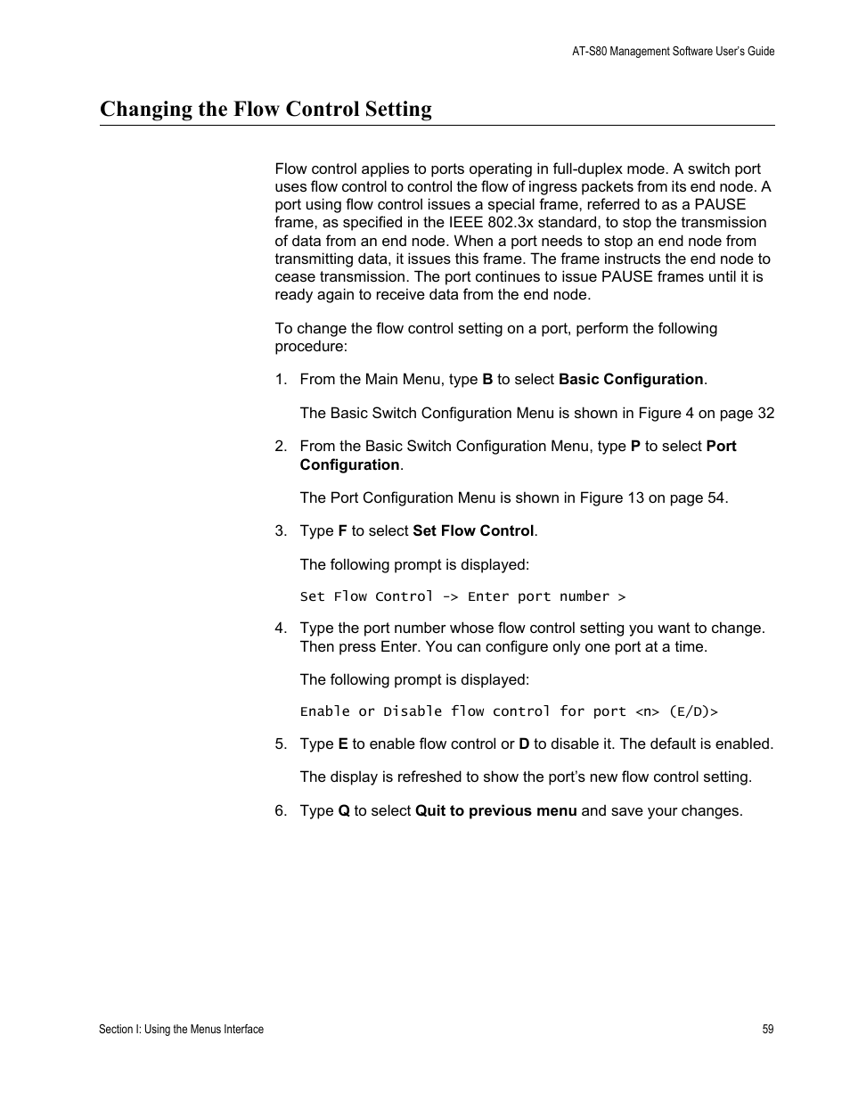 Changing the flow control setting | Allied Telesis AT-S80 User Manual | Page 59 / 346