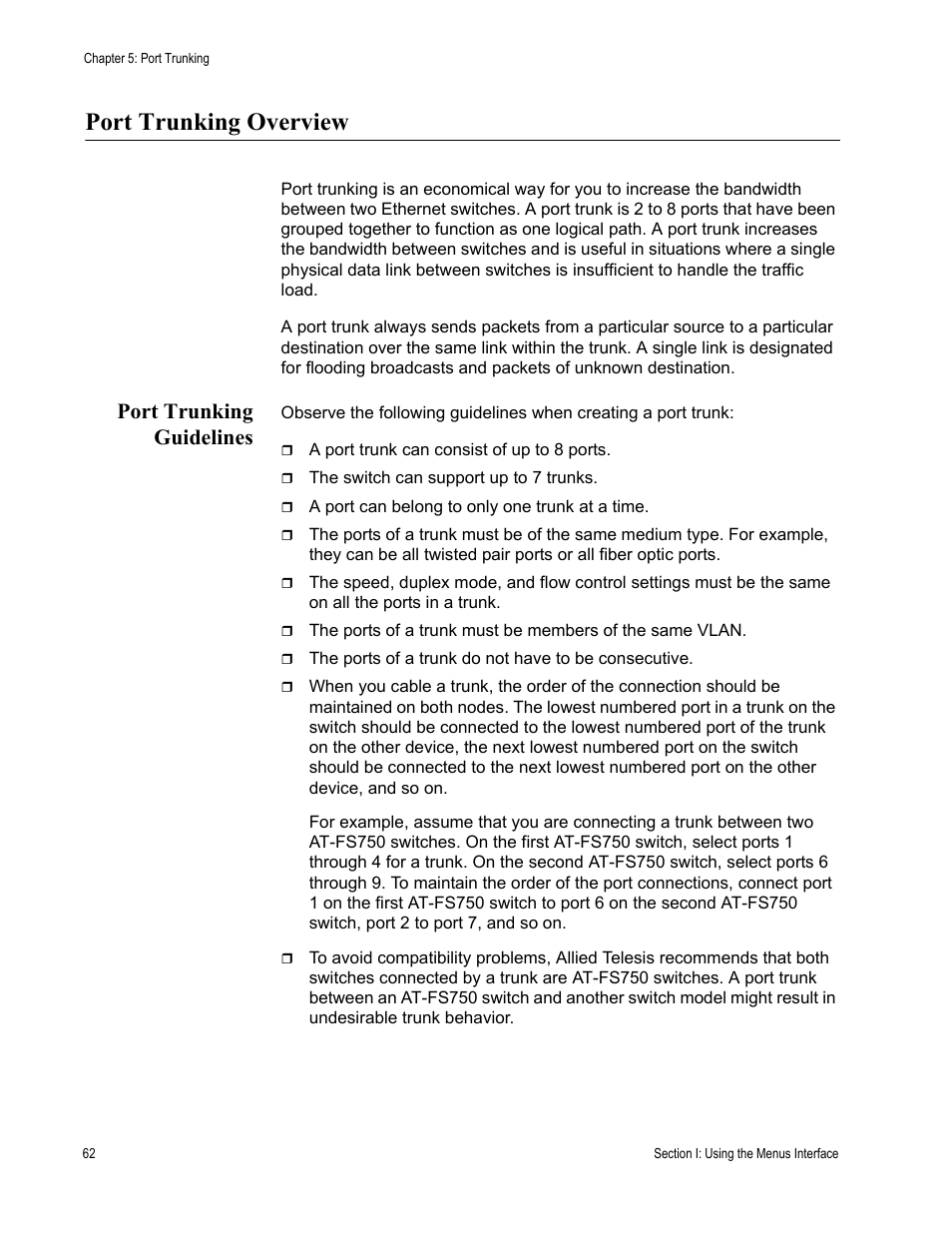 Port trunking overview, Port trunking guidelines | Allied Telesis AT-S80 User Manual | Page 62 / 346
