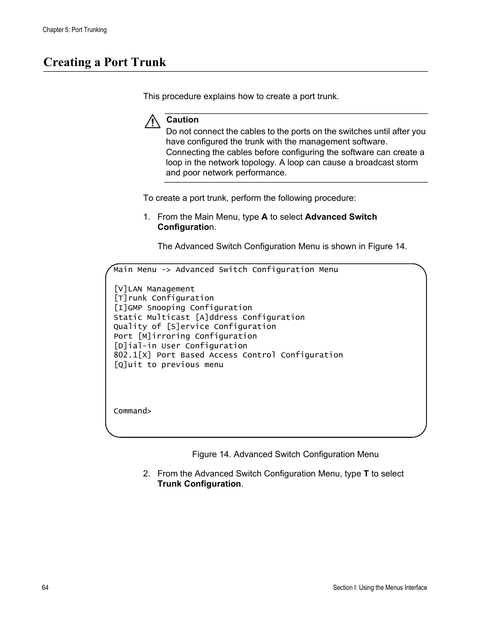 Creating a port trunk, Figure 14. advanced switch configuration menu | Allied Telesis AT-S80 User Manual | Page 64 / 346