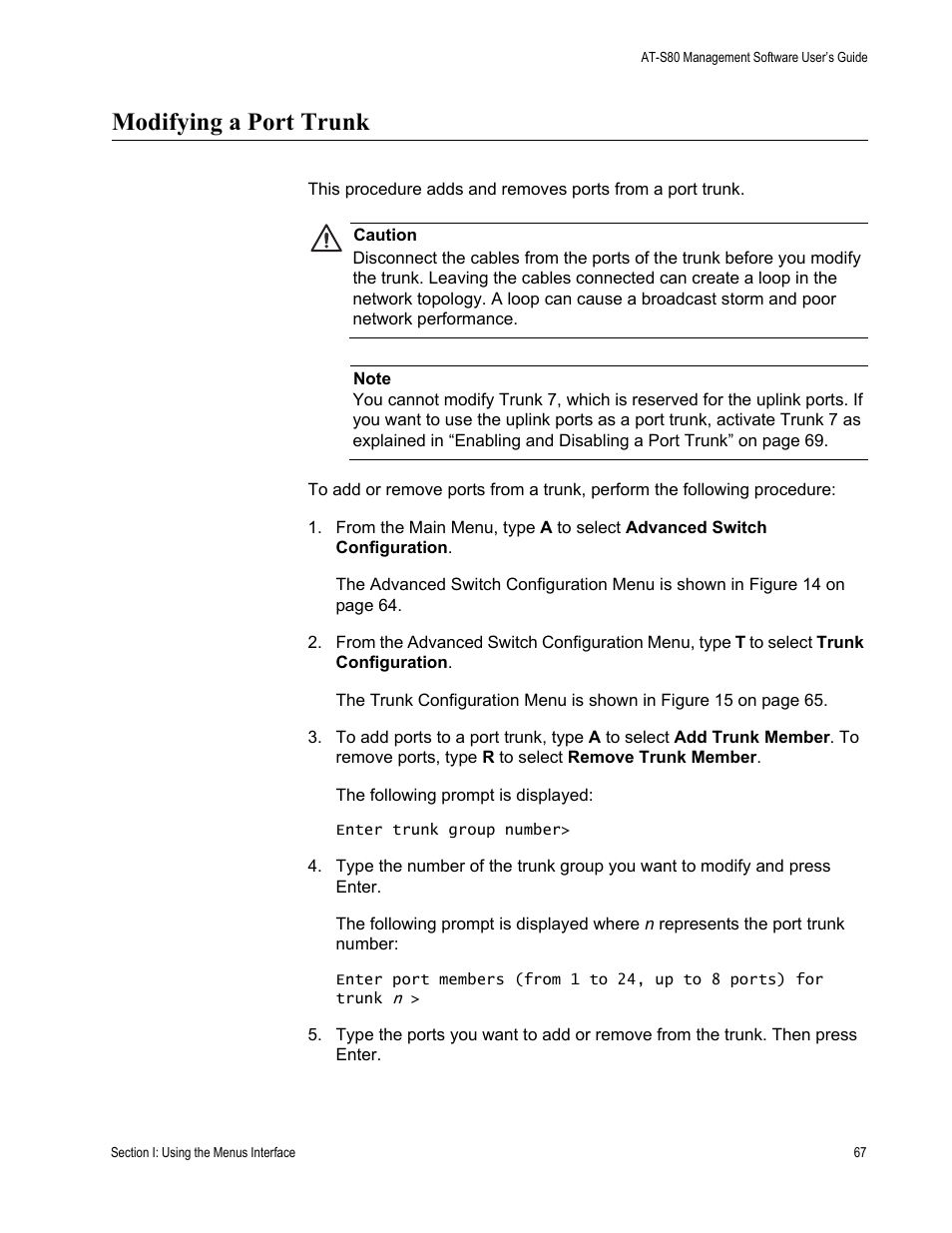 Modifying a port trunk | Allied Telesis AT-S80 User Manual | Page 67 / 346