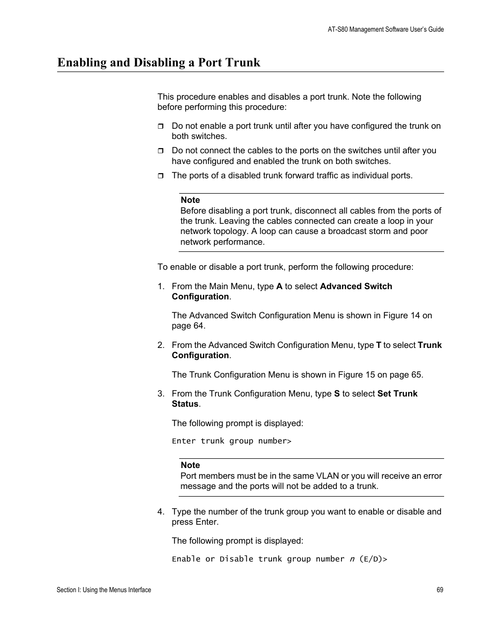 Enabling and disabling a port trunk | Allied Telesis AT-S80 User Manual | Page 69 / 346