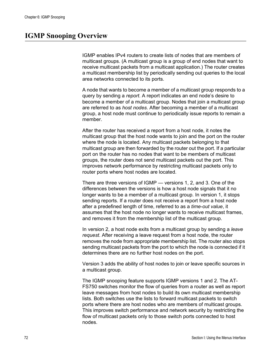 Igmp snooping overview | Allied Telesis AT-S80 User Manual | Page 72 / 346