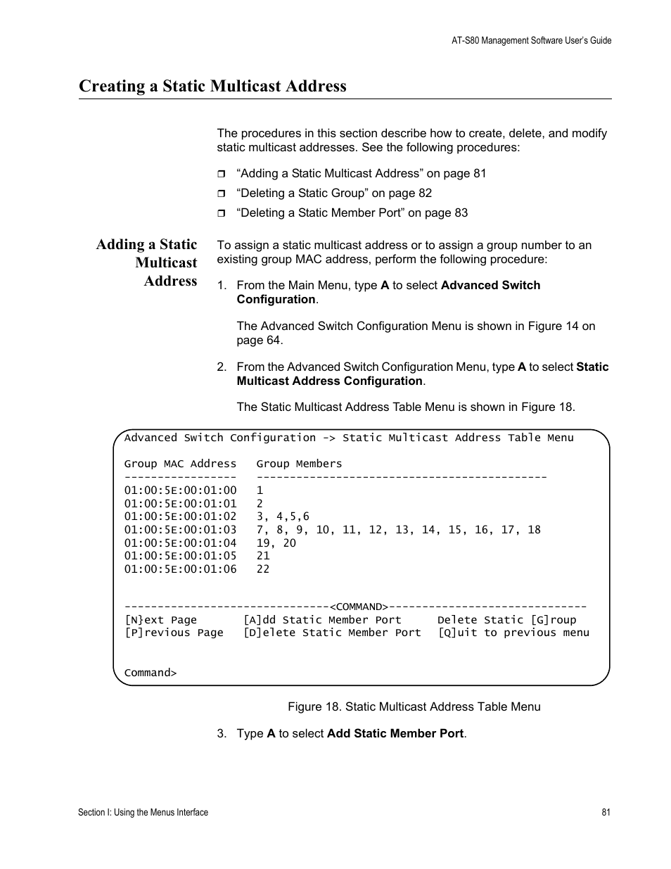 Creating a static multicast address, Adding a static multicast address, Figure 18. static multicast address table menu | Allied Telesis AT-S80 User Manual | Page 81 / 346