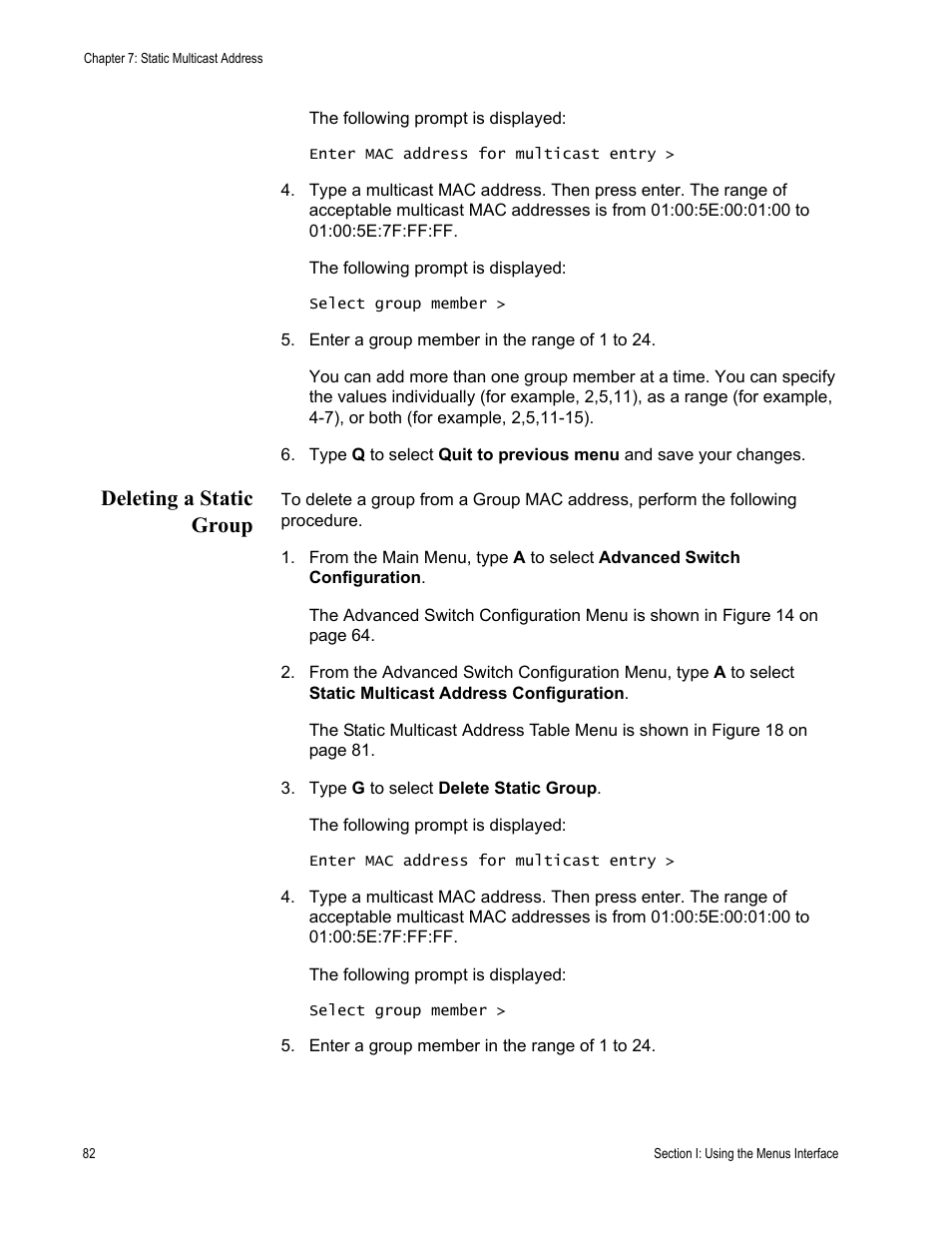 Deleting a static group | Allied Telesis AT-S80 User Manual | Page 82 / 346