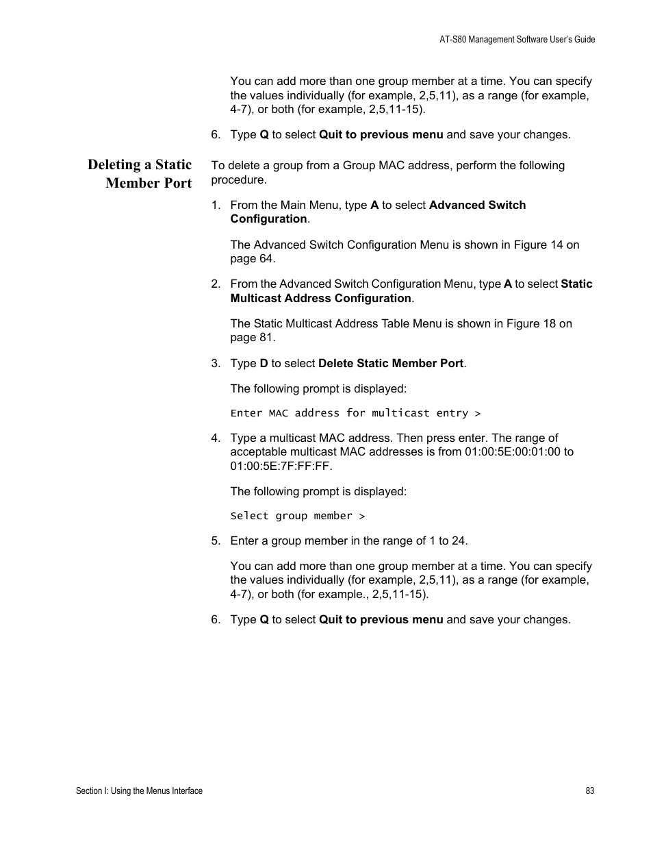 Deleting a static member port | Allied Telesis AT-S80 User Manual | Page 83 / 346