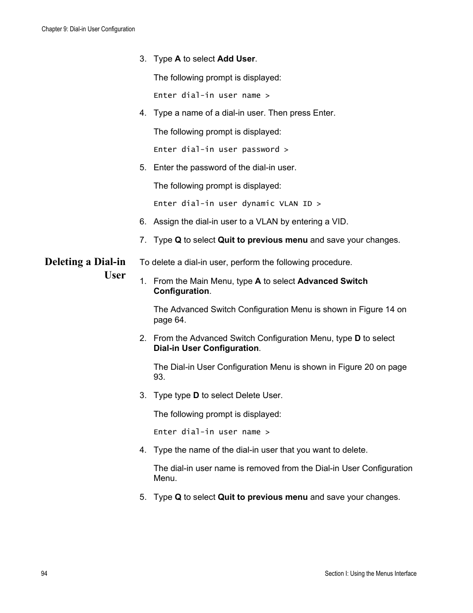 Deleting a dial-in user | Allied Telesis AT-S80 User Manual | Page 94 / 346