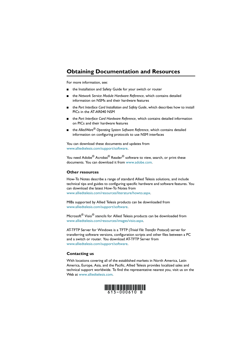 Obtaining documentation and resources, Obtaining documentation and | Allied Telesis Network Service Module User Manual | Page 13 / 13