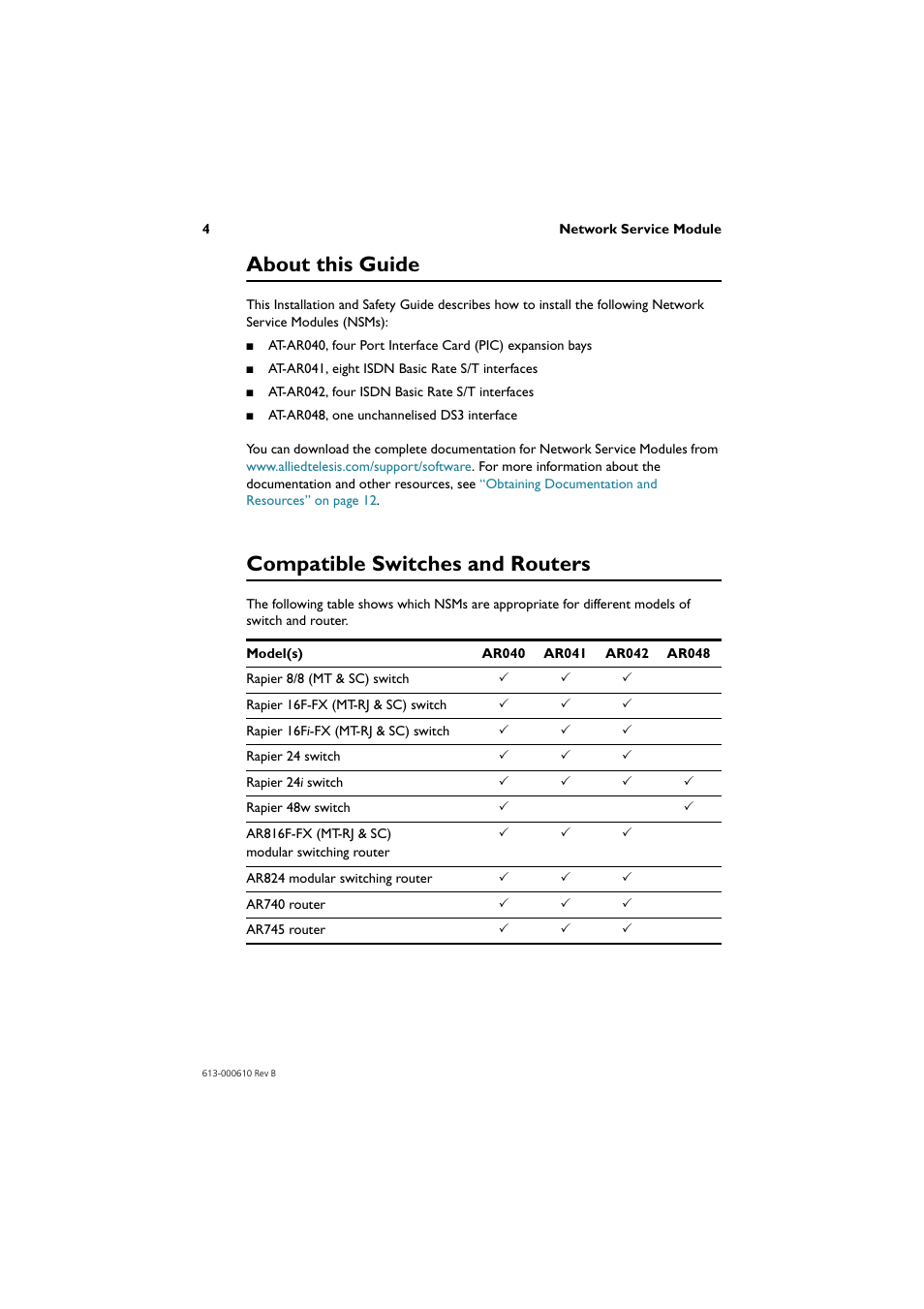 About this guide, Compatible switches and routers | Allied Telesis Network Service Module User Manual | Page 5 / 13