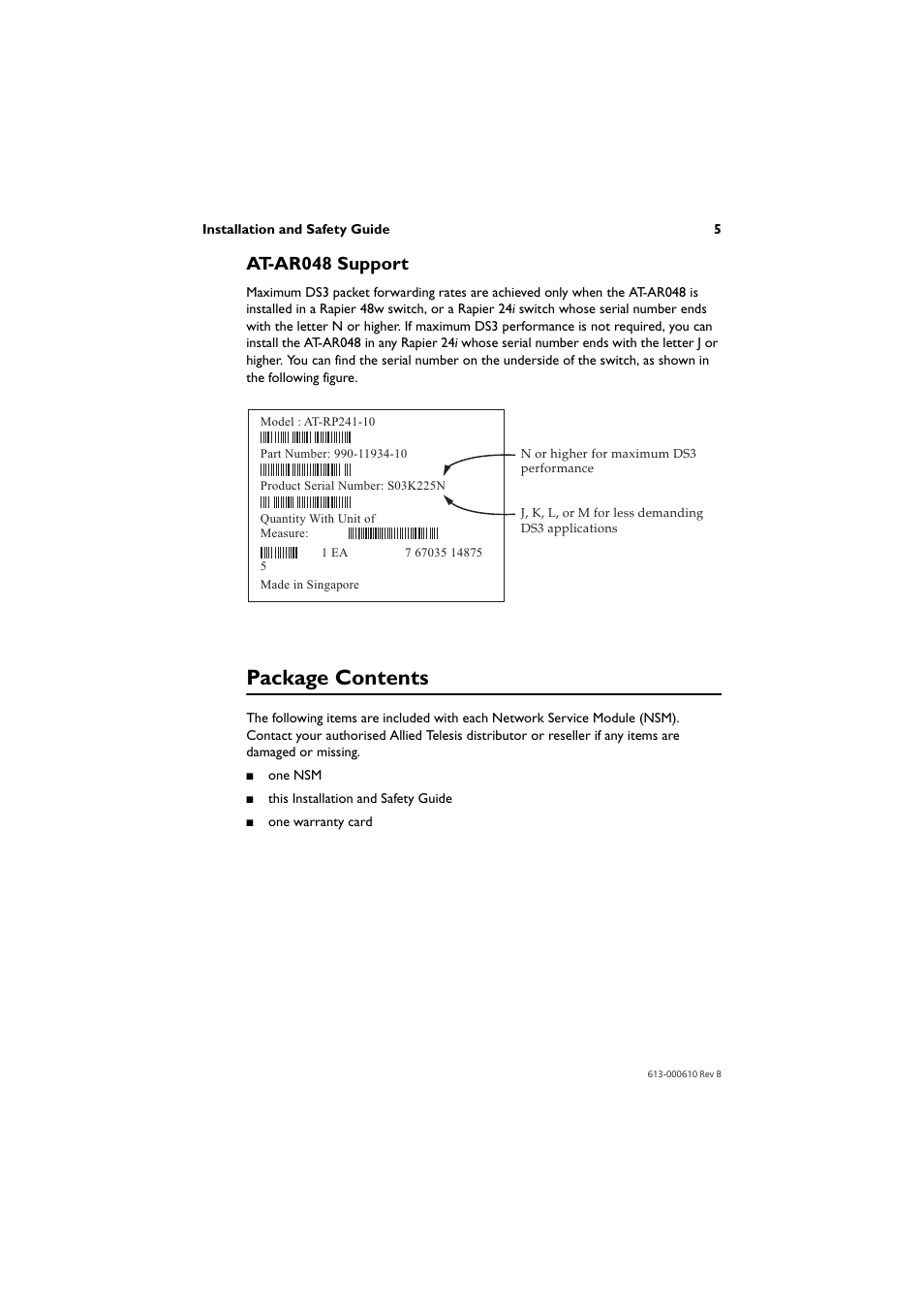 At-ar048 support, Package contents | Allied Telesis Network Service Module User Manual | Page 6 / 13