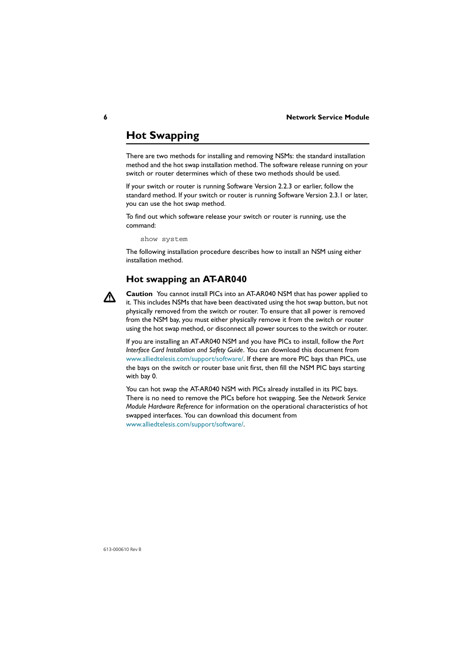Hot swapping, Hot swapping an at-ar040 | Allied Telesis Network Service Module User Manual | Page 7 / 13