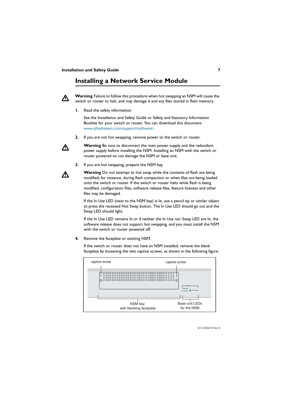 Installing a network service module | Allied Telesis Network Service Module User Manual | Page 8 / 13
