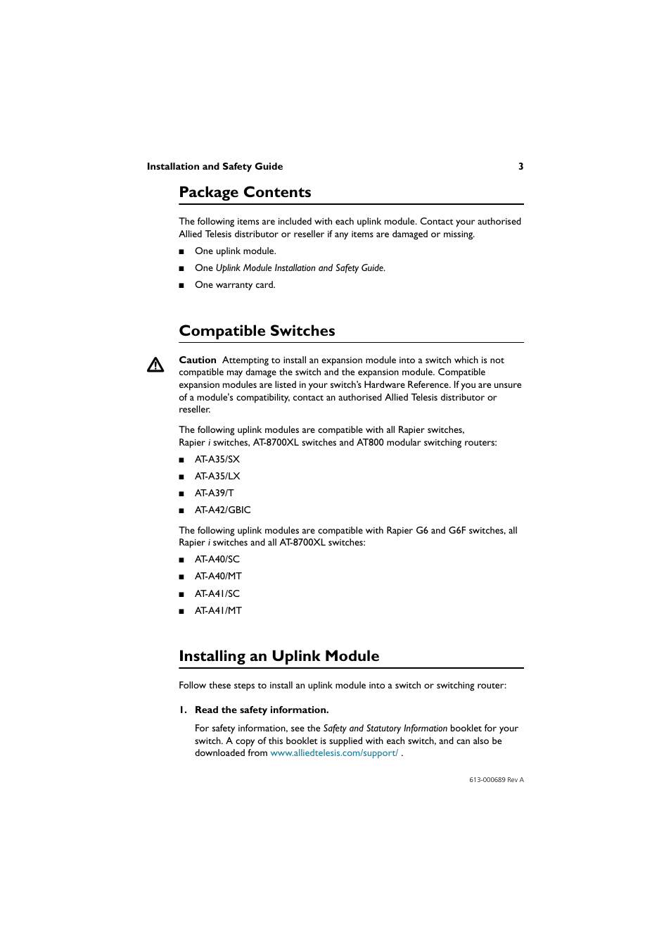 Package contents, Compatible switches, Installing an uplink module | Allied Telesis Uplink Module User Manual | Page 3 / 8