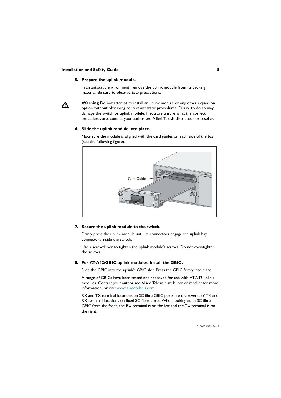 Installation and safety guide 5, Card guide | Allied Telesis Uplink Module User Manual | Page 5 / 8