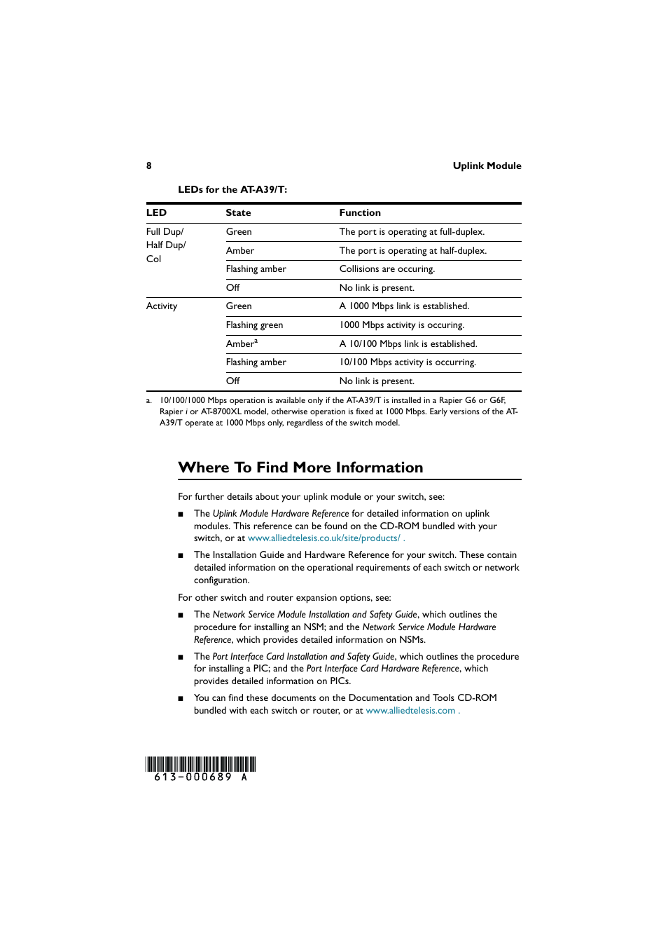 Where to find more information | Allied Telesis Uplink Module User Manual | Page 8 / 8