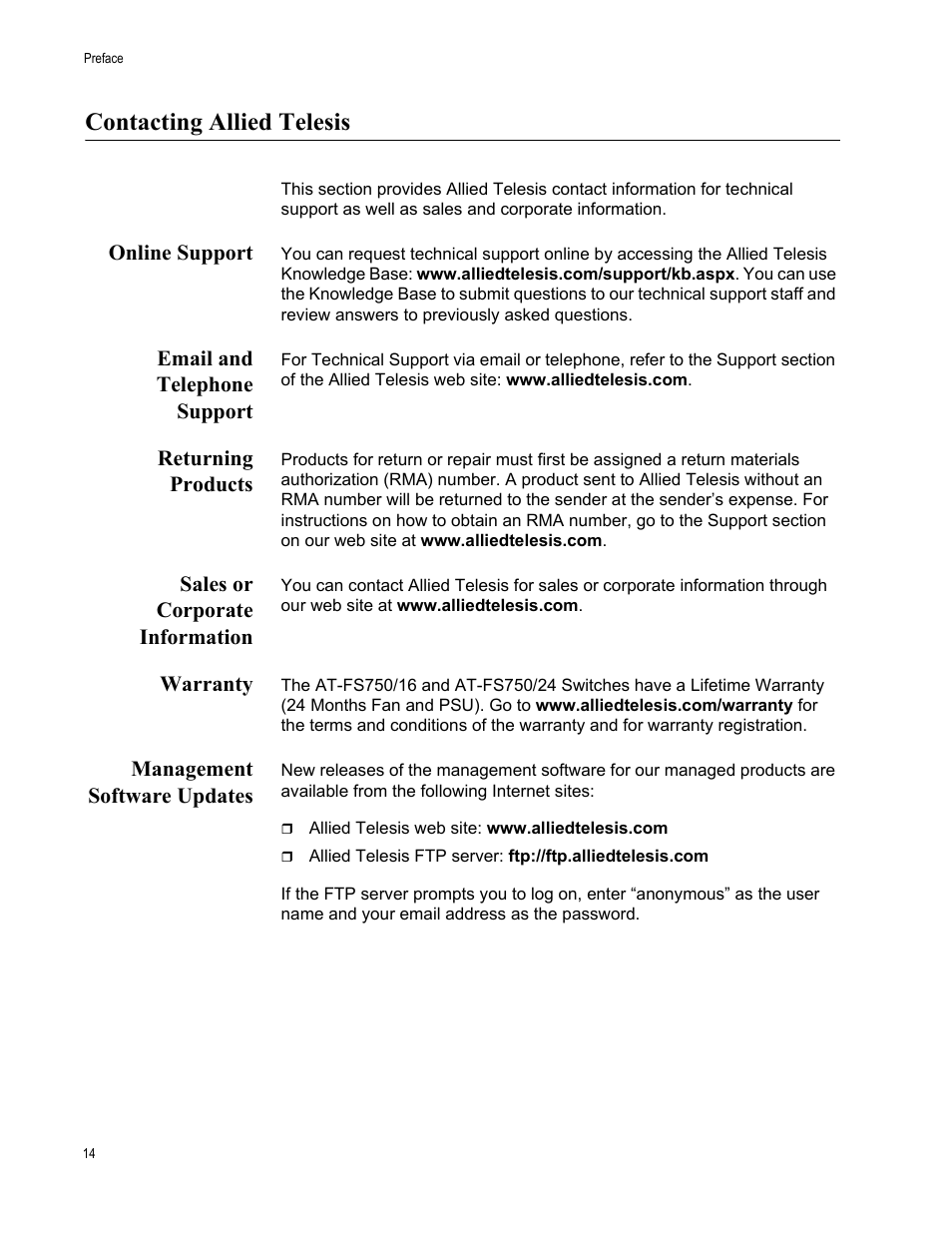 Contacting allied telesis, Online support, Email and telephone support | Returning products, Sales or corporate information, Warranty, Management software updates | Allied Telesis AT-FS750/24 User Manual | Page 14 / 44