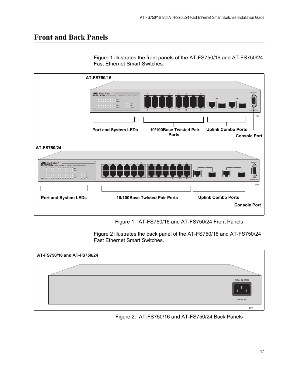 Front and back panels | Allied Telesis AT-FS750/24 User Manual | Page 17 / 44
