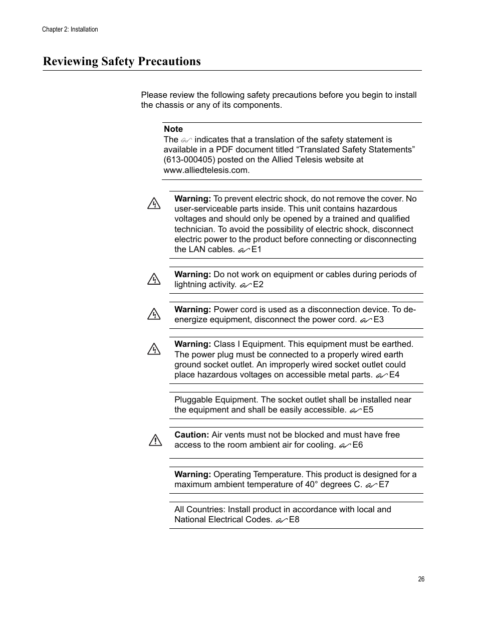 Reviewing safety precautions | Allied Telesis AT-FS750/24 User Manual | Page 26 / 44